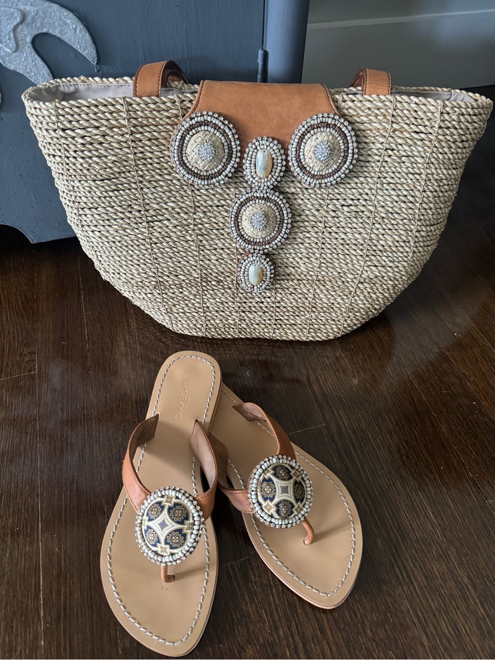 Leather Beaded Straw Tote & Tan Leather Beaded Sandals Set made in Indonesia